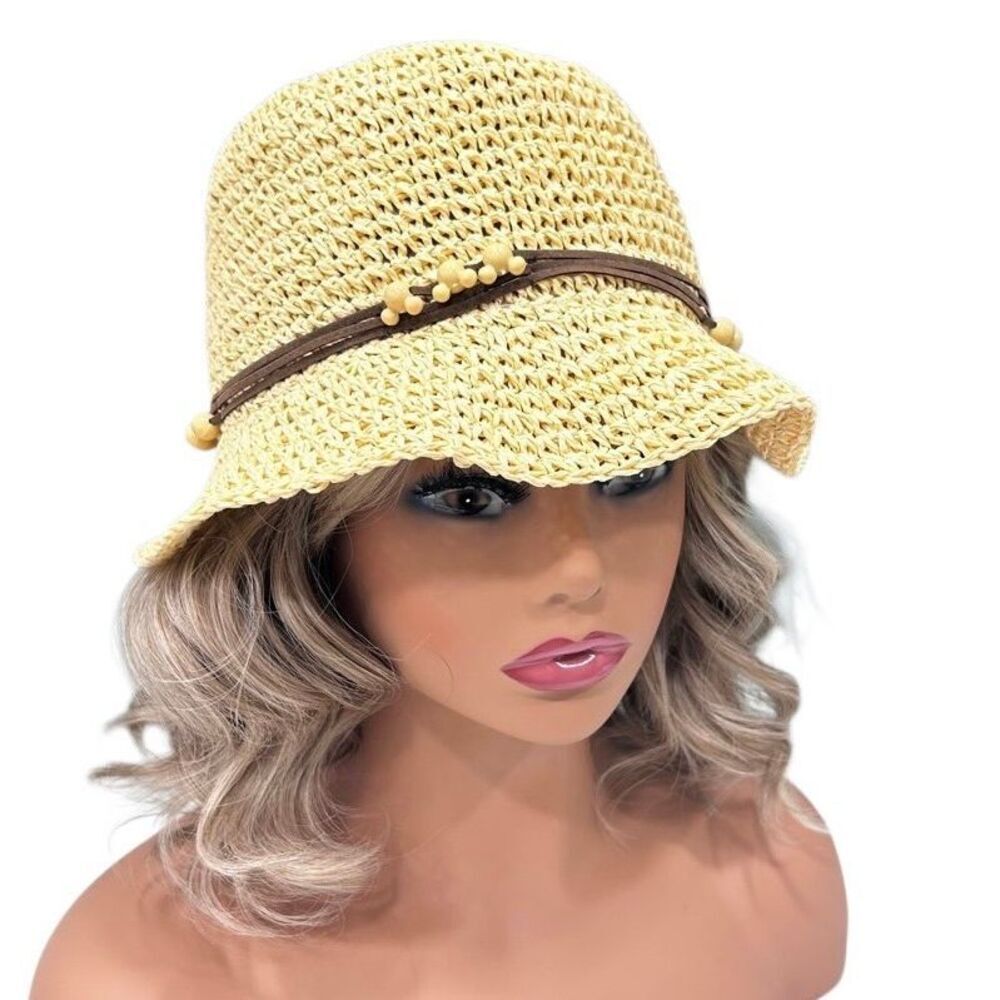 Vtg Walt Disney World Floppy Raffia Bucket Hat Women's OSFM Beige Leather Straps